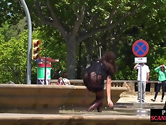 Throating teen in stockings n heels spanked in public