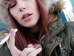 Smoking with fur hat