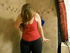 Chubby her or something pees wearing jeans in shower