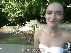 A thin brunette fucks near the pool with grandfather