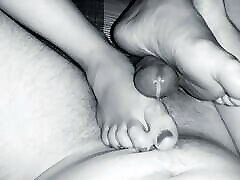 Footjob in real panty wedige and white