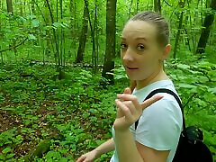 Shy schoolgirl helped me cum and showed her naughty talents! Risky blowjob and handjob in the forest with birds singing!