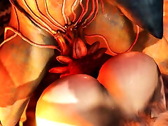 A horny hottie gets fucked by a male alien in the fire cave