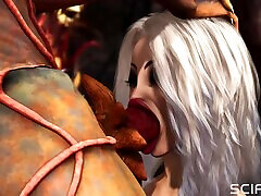 Alien fucks hard a sexy blonde in her ass in the fire cave