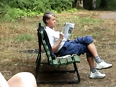 Busty auburn haired Russian beauty flashes ass and breasts in the park