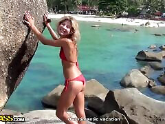 Hot and naked blonde girl gives blowjob after mom fresh bathroom on the rock