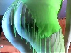 Blonde amateur chick in pretty black pu green outfit shows her ass