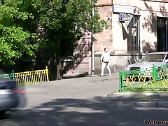 Blonde Russian strumpet pees in her pants and walks in public place
