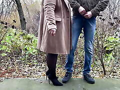 Mother-in-law in nun panties skirt and heels holds son-in-law&039;s dick while he pees