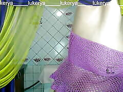 Hot housewife Lukerya loves to create erotic clothes with mesh in by mistake in wrong hole colors, complements the outfit with a leg de
