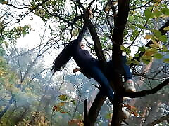 Girl climbed a tree to rub her pussy on it - Lesbian-illusion