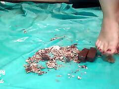 Barefoot food crushing, smashing tomatoes and crispy cake with my soles