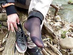 Jeans Feet Teasing At The Forest In whipping pumping girls Socks