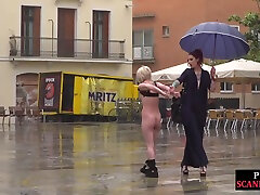 Public perverted naked slut seduced by old rough guys lady outdoor