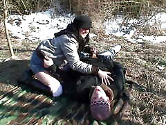 Dark haired German girl riding and sucking a loaded pecker